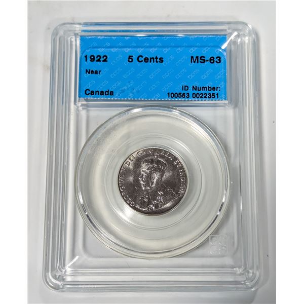 1922 CANADA 5 CENTS. KEY DATE. UNCIRCULATED.