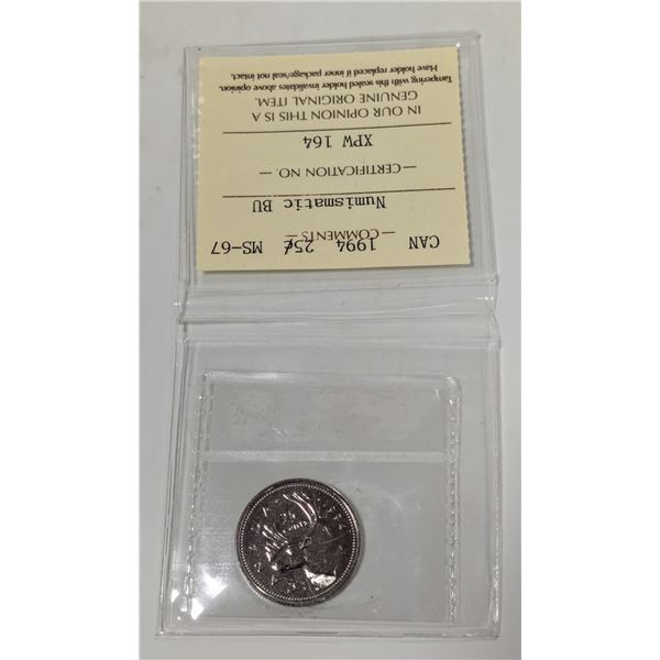 1994 CANADA 25 CENTS COIN. CERTIFIED.