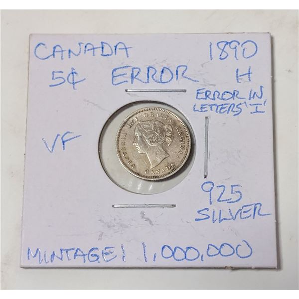 1890H CANADA 5 CENT SILVER COIN