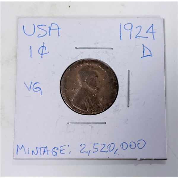 1924D USA 1 CENT COIN. SCARCE.