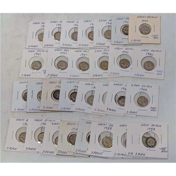LOT OF 30 UK 3 PENCE SILVER COINS 1938-1941 500