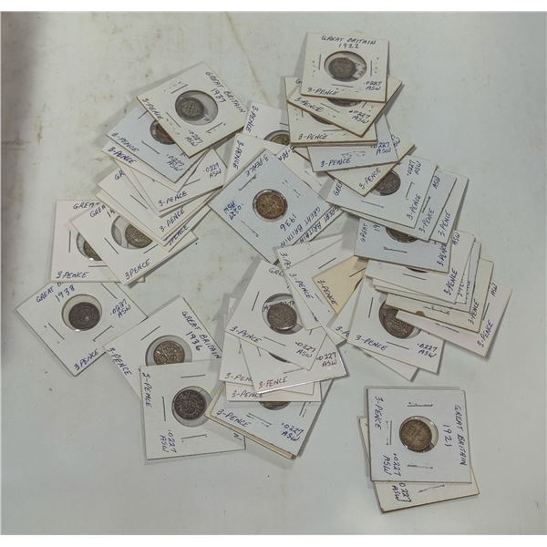 LOT OF 46 UK 3 PENCE SILVER COINS 1921-1938 500