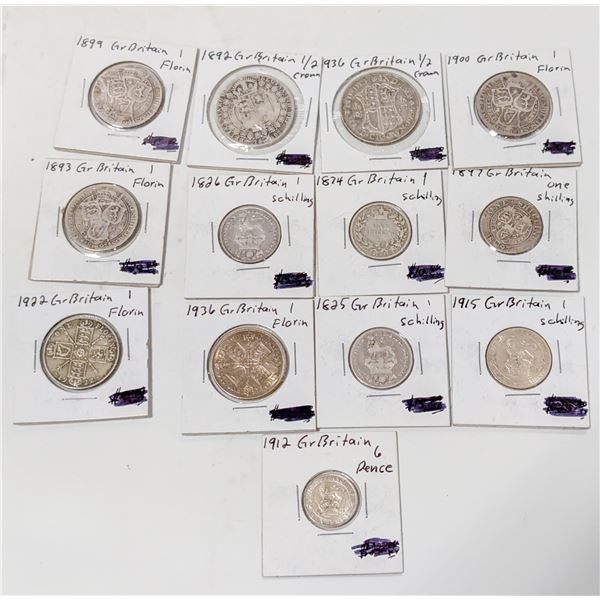 LOT OF 13 UK SILVER COINS 1825-1936
