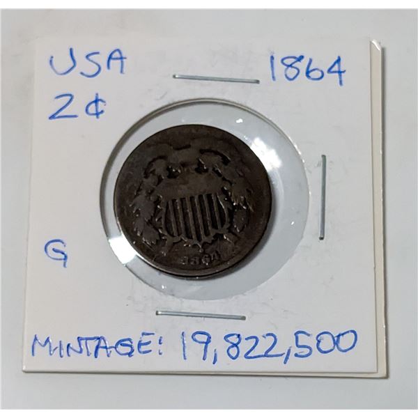 1864 USA 2 CENTS COIN