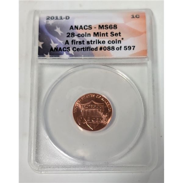 2011D USA 1 CENT COIN. CERTIFIED.