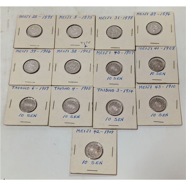 LOT OF 13 JAPAN SILVER COINS 1875-1917