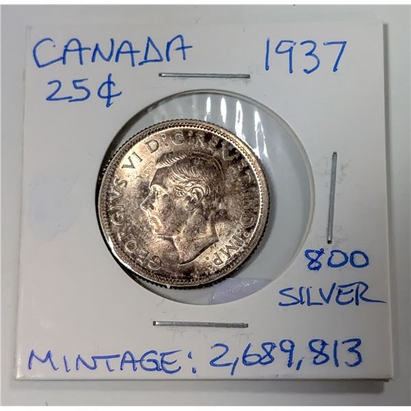 1937 CANADA 25 CENTS SILVER COIN
