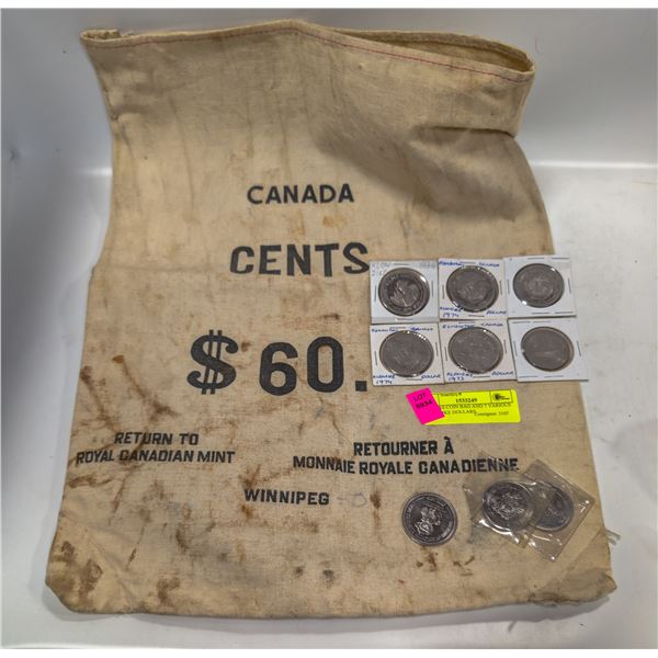 CANVAS COIN BAG AND 7 VARIOUS KLONDIKE DOLLARS