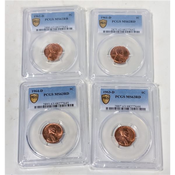 1961D-1964D USA ONE CENT COINS CERTIFIED UNC