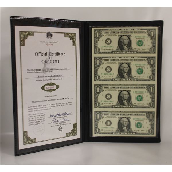 UNCUT SHEET OF 4 USA $1 FED. RES. NOTES W COA
