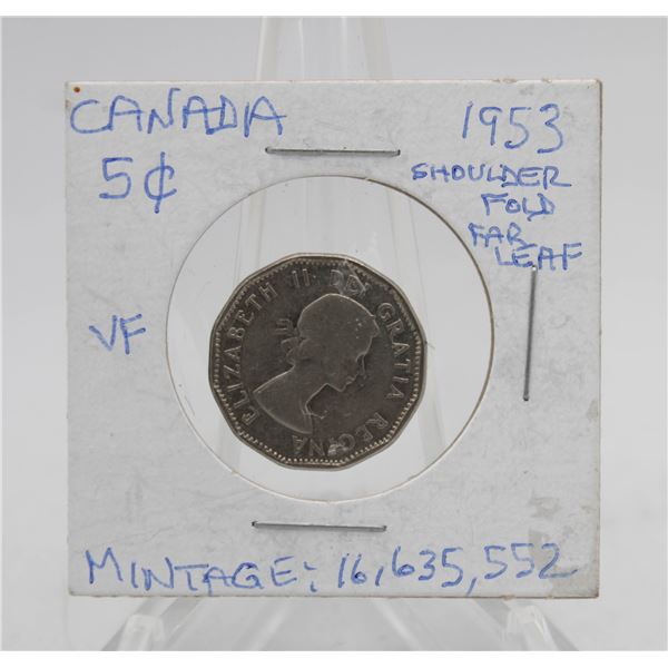 1953 CANADA 5 CENT COIN. SHOULDER FOLD. FAR LEAF