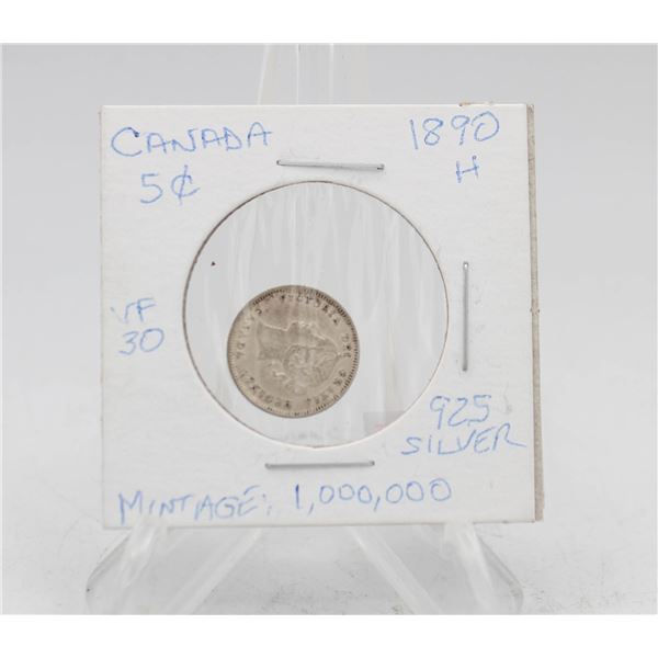 1890 H CANADA 5 CENT SILVER COIN. 925 SILVER.