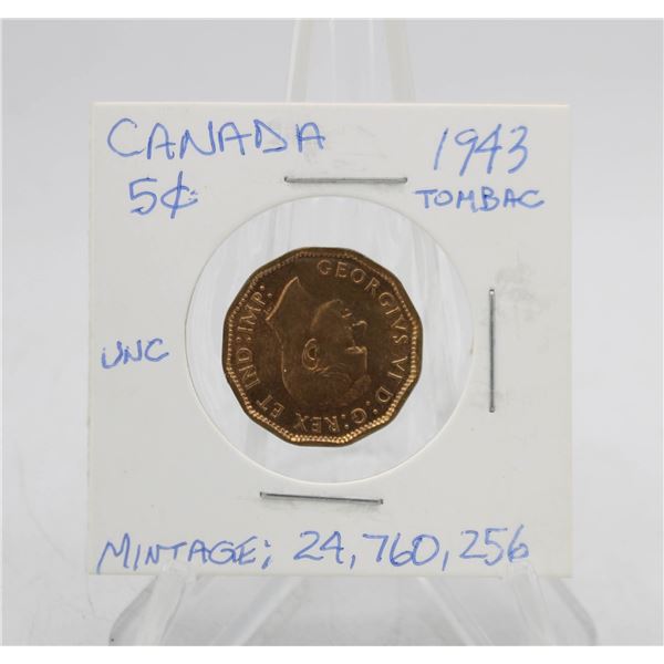 1943 CANADA 5 CENT COIN. TOMBAC. UNCIRCULATED.