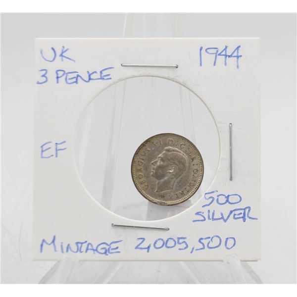 1944 UK 3 PENCE SILVER COIN 500 SILVER