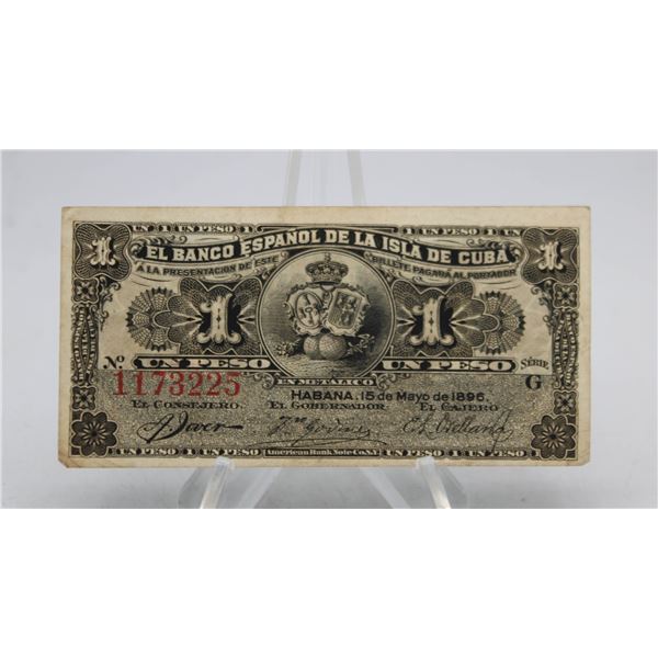1896 CUBA 1 PESO BANKNOTE. UNCIRCULATED.