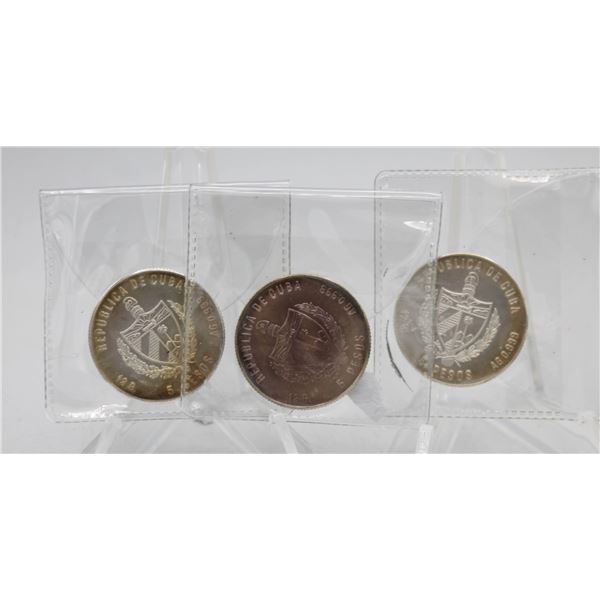 TRIO CUBA 5 PESOS 999 SILVER COINS. UNC. SCARCE.