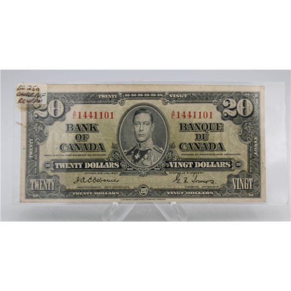 1937 CANADA $20 BANKNOTE. SCARCE OSBORNE