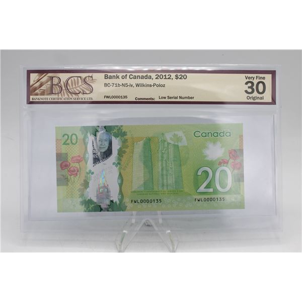 2012 CANADA $20 BANKNOTE. CERTIFIED. LOW