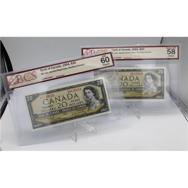 PAIR CONSEC. 1954 $20 BANKNOTES. MP