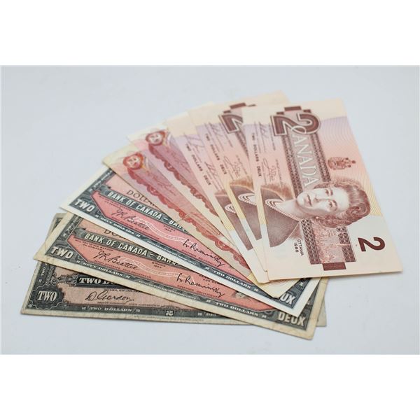 LOT OF 8 CANADA $2 BANKNOTES. 1937/54/74/86 YEARS