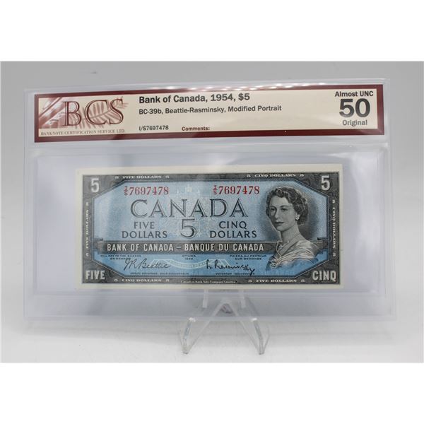 1954 CANADA $5 BANKNOTE. MP. CERTIFIED.