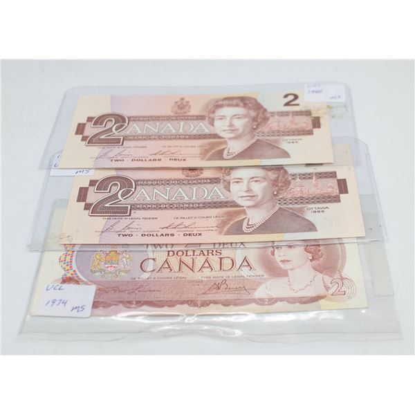 TRIO OF CANADA $2 BANKNOTES. UNCIRCULATED