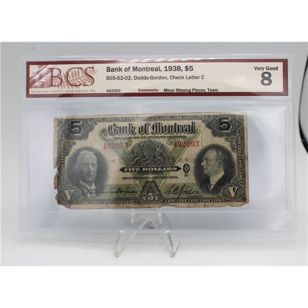 1938 BANK OF MONTREAL $5 BANKNOTE. CERTIFIED.