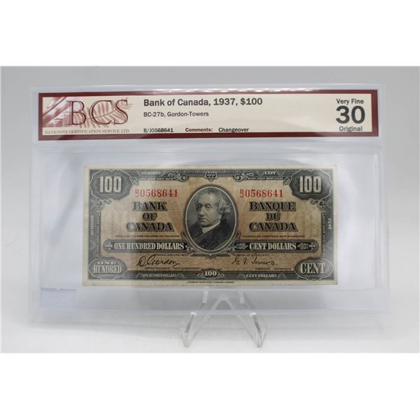1937 CANADA $100 BANKNOTE. GORDON-TOWERS.
