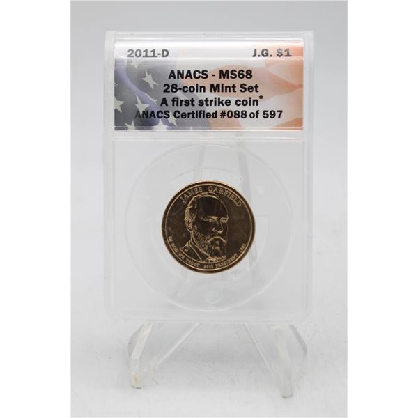 2011D USA GARFIELD $1 COIN. CERTIFIED.