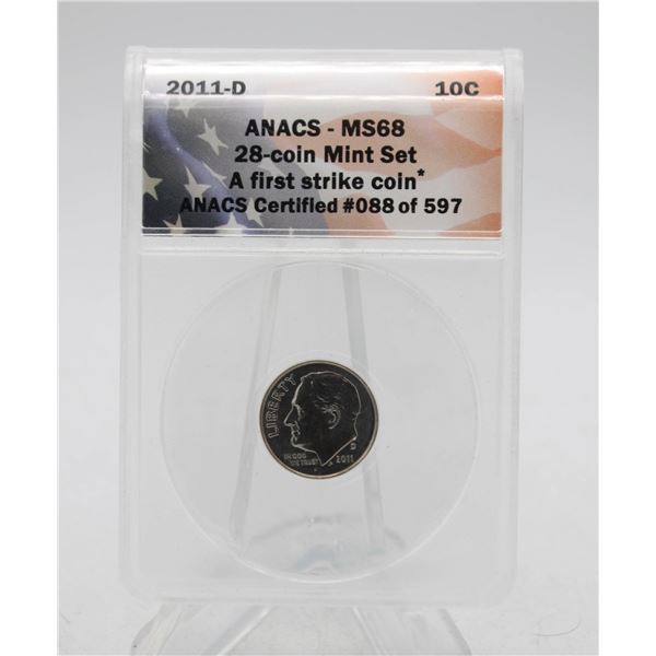 2011D USA ROOSEVELT 10 CENTS COIN. CERTIFIED.