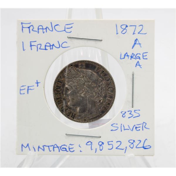 1872A FRANCE 1 FRANC SILVER COIN