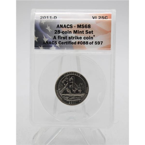 2011D USA VICKSBURG 25 CENT COIN. CERTIFIED
