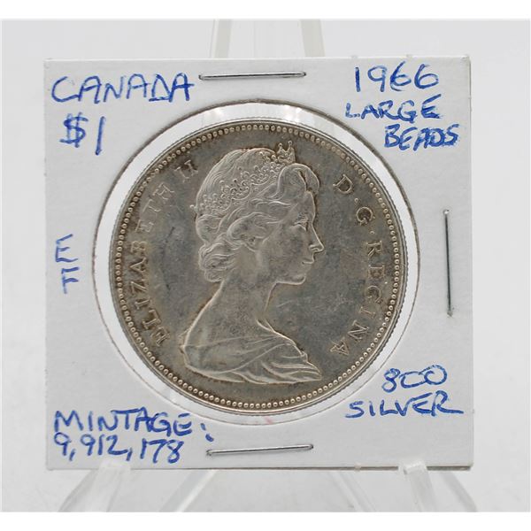 1966 CANADA $1 SILVER COIN LARGE BEADS, 800 SILVER
