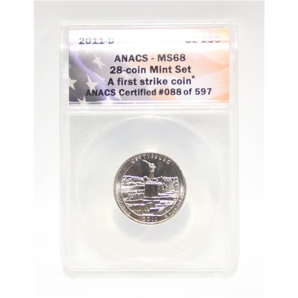 2011D USA GETTYSBURG 25 CENT COIN. CERTIFIED.