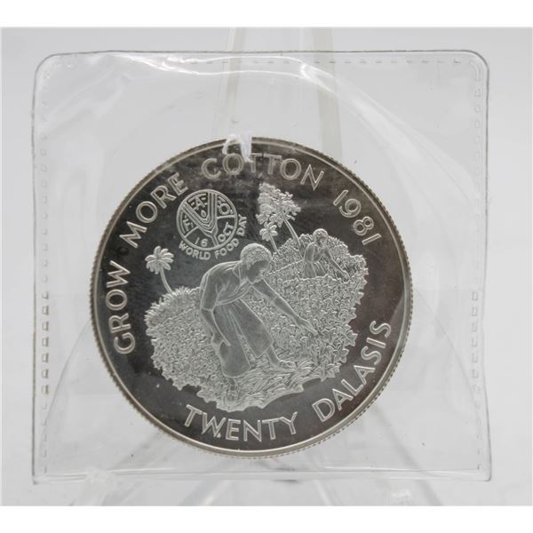 1981 GAMBIA 20 DALASIS SILVER COIN. UNC. SCARCE