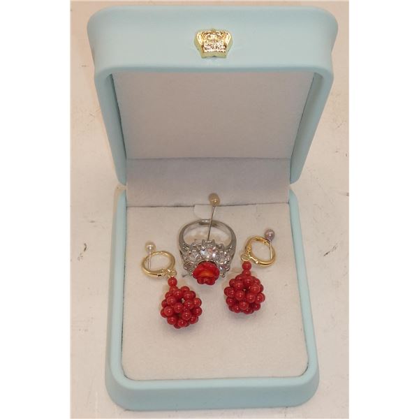 JAPANESE RED CORAL FLOWER RING & EARRINGS