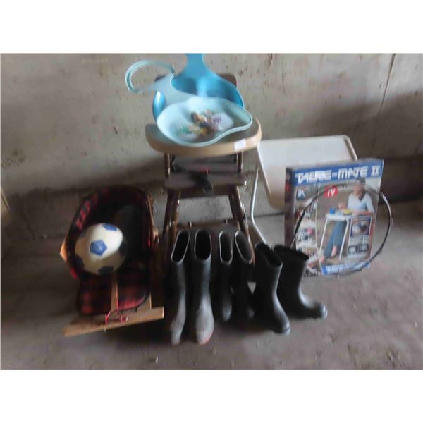 Wooden High Chair, Kids Sled, Soccer ball, Tv Table 