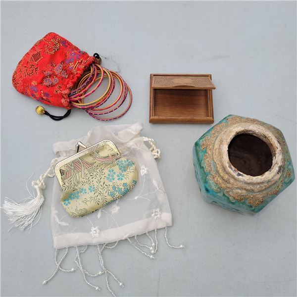 Vtg Trinket lot - Bangle, Carved Wooden Business Card Holder, Stunning Pottery Vase