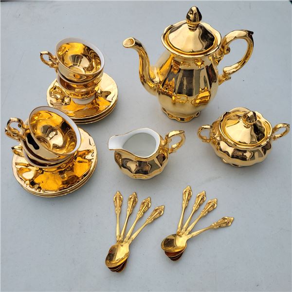 Vintage 17 Piece Gold Gilt Tea Service Set + 6 Community Spoons, Bavaria Made in Germany