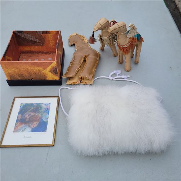 Lot of 3 Leather Camels, Trinket Box, Girls Hand Muff, Signed Numbered Print Jeanette Gaudet