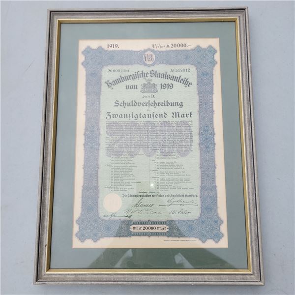 Mint Condition 1919 20000 Hamburg German Mark Bond - Framed