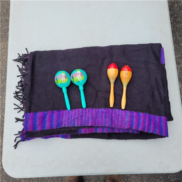 Very Large Wool Mexican? Shawl + 2 Maracas
