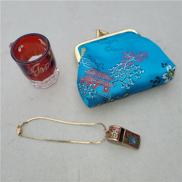 Vtg Cloisonne Whistle, Miniature Glass, Coin Purse