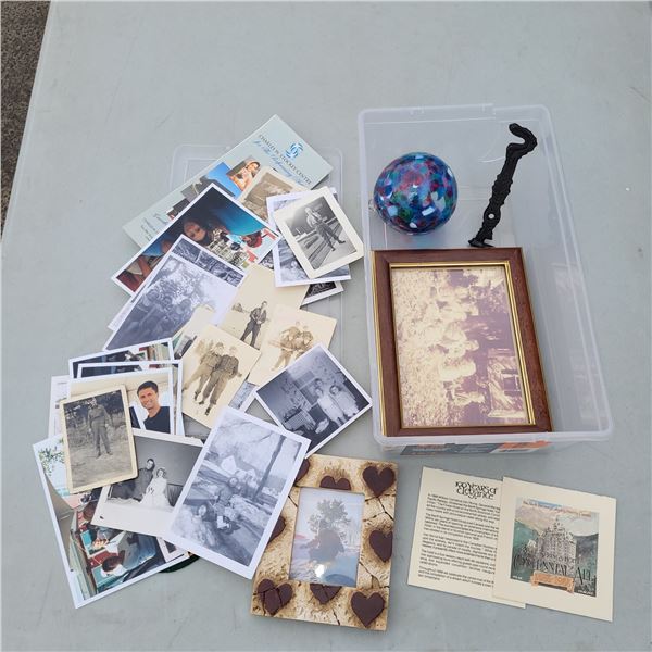 Plastic Shoe Box w/ Contents - German Polizei Patch, Old photos, Glass Ball +