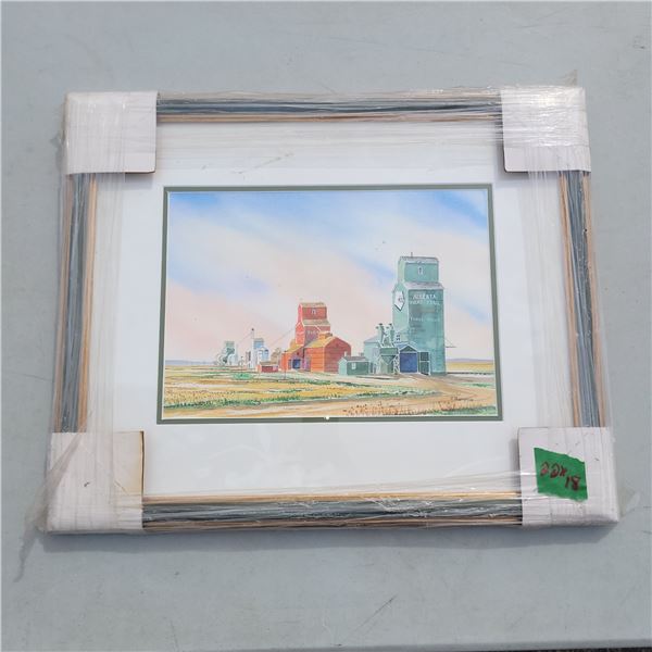 Framed Watercolour Grain Elevators Picture, Three Hills by Peter Thompson