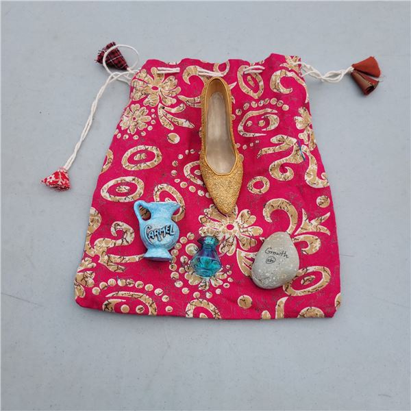 Lot of Miniature Collectibles - Carmel Pticher, Blue Glass Vase, Rock & Gold Shoe, Bag