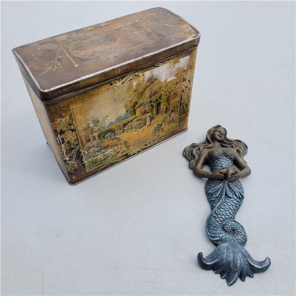Anqiue Tea Tin with Mermaid Decor
