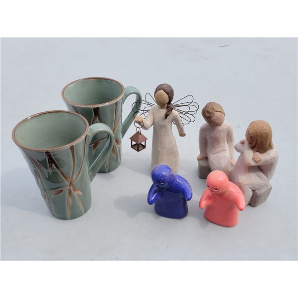 Lot of 2 Willow Tree Figurines, 2 Sasahara Mugs, Salt & Pepper Shakers