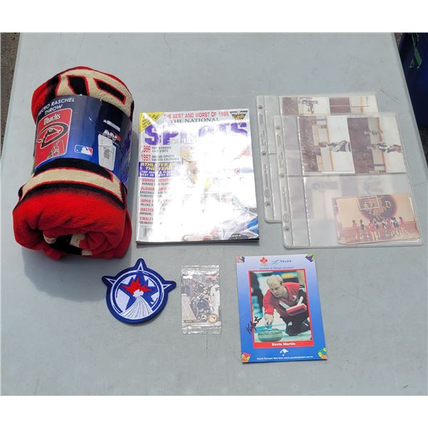 Vinitage Sports Lot - Signed Kevin Martin Postcard, Rick Vive + Others Photographs, Jets Patch ++