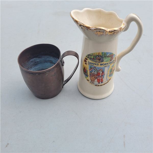 Antique Tin Cup & Vintage Santa's Workshop Tall Creamer